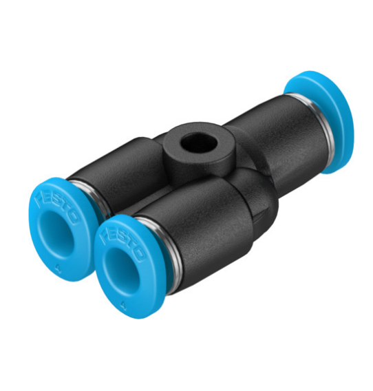 A black and blue Festo 4mm Push-In Y-Connector QSMY-4 for RC Gas Turbine Jet Aircraft.