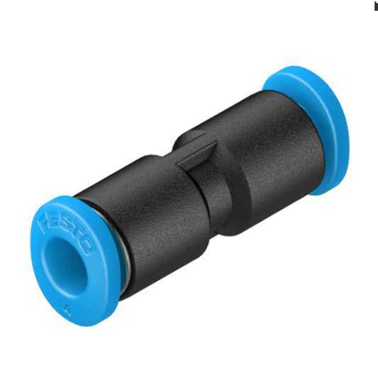 A Festo 4mm Push Connector QS-4, primarily black in color with blue accents.