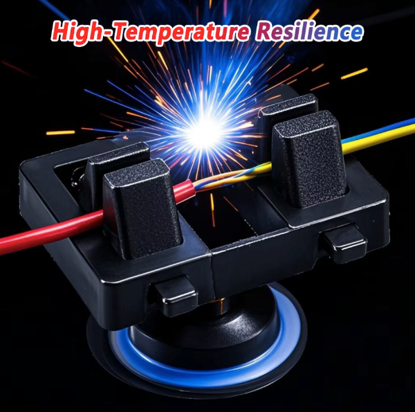 Cable crimping tool with sparks and 'High-Temperature Resilience' text on a dark background
